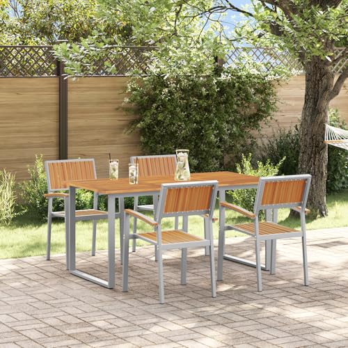 Qnhdfrt Garten Essgruppe Grau Stahl und Massivholz Akazie für 4 Personen, Modernes Design Outdoor Esstisch Set mit 1 Tisch und 4 Stühlen für Balkon Terrasse Garten von Qnhdfrt
