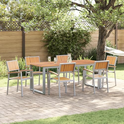 Qnhdfrt Garten-Essgruppe Grau aus Aluminium und Massivholz Akazie, Rechteckiger Esstisch mit 6 Stühlen für Balkon Terrasse Garten, Modernes Design und Wetterfeste Konstruktion von Qnhdfrt