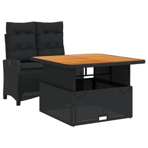 Qnhdfrt Garten Essgruppe Schwarz 2 TLG Set mit Kissen PE Rattan Sitzbank und höhenverstellbarer Tisch für Terrasse Balkon und Garten von Qnhdfrt