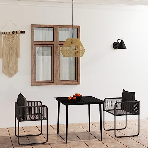 Qnhdfrt Garten Essgruppe Schwarz 80 x 80 cm mit 2 Stühlen und Kissen Pulverbeschichteter Stahl und Glas Tisch PE Rattan Sitzgruppe für Terrasse Balkon Garten von Qnhdfrt