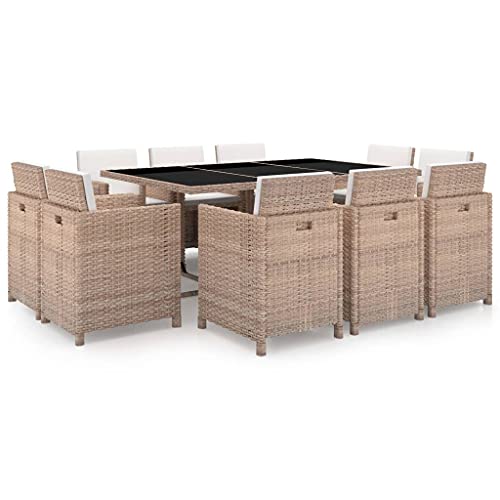 Qnhdfrt Garten Essgruppe Set 10 Stühle Tisch PE Rattan Beige Cremeweiß Polster Wetterfest Modernes Design für Terrasse Garten und Balkon von Qnhdfrt
