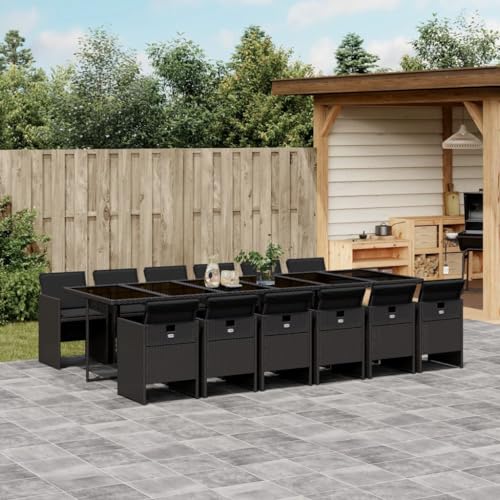 Qnhdfrt Garten Essgruppe Set 13 teilig Schwarz PE Rattan mit Kissen Klappbare Stühle und Glas Tisch für Terrasse Garten Balkon von Qnhdfrt