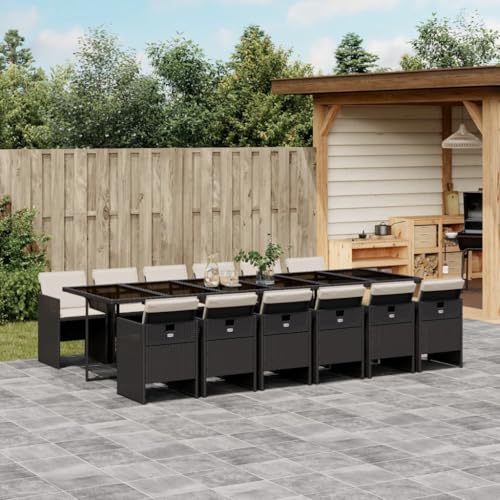Qnhdfrt Garten Essgruppe Set 13 teilig Schwarz Poly Rattan mit Kissen Klappbare Stühle und Glas Tisch für Terrasse Garten Balkon von Qnhdfrt