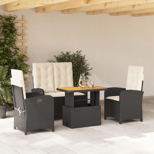 Qnhdfrt Garten Essgruppe Set 4 TLG Schwarz PE Rattan mit Kissen Höhenverstellbarer Tisch Relaxsessel und Bank für Terrasse Garten Balkon von Qnhdfrt