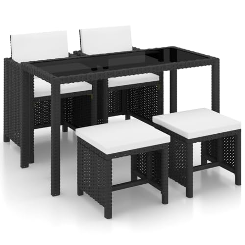 Qnhdfrt Garten Essgruppe Set 5 teilig Schwarz PE Rattan mit Glas Tischplatte und Polsterauflagen für Terrasse Balkon Gartenbereich von Qnhdfrt