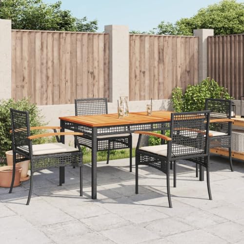 Qnhdfrt Garten Essgruppe Set 5 teilig Schwarz mit Kissen PE Rattan und Akazienholz Tischplatte 140 x 80 cm für Terrasse Garten und Balkon von Qnhdfrt