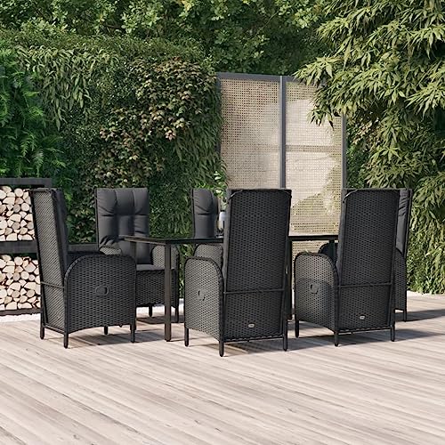 Qnhdfrt Garten Essgruppe Set 6 Stühle Tisch Schwarz PE Rattan Outdoor Möbel mit Kissen und Liegefunktion für Garten Balkon Terrasse von Qnhdfrt