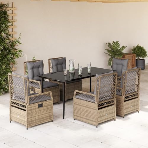 Qnhdfrt Garten Essgruppe Set 6 Stühle mit Kissen Beige PE Rattan und Glas Tisch 160 x 80 cm für Terrasse Garten Balkon von Qnhdfrt