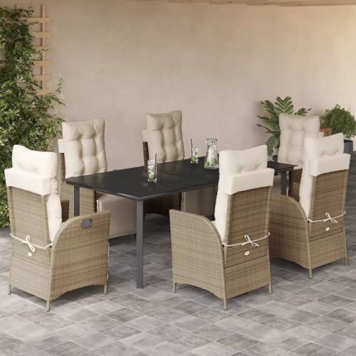 Qnhdfrt Garten Essgruppe Set 6 Stühle mit Kissen Beige PE Rattan und Glas Tisch 200x100 cm für Terrasse Garten Balkon Qnhdfrt Garten Essgruppe Set 6 Stühle mit Kissen Beige PE Rattan und Glas Tisch 200x100 cm für Terrasse Garten Balkon von Qnhdfrt