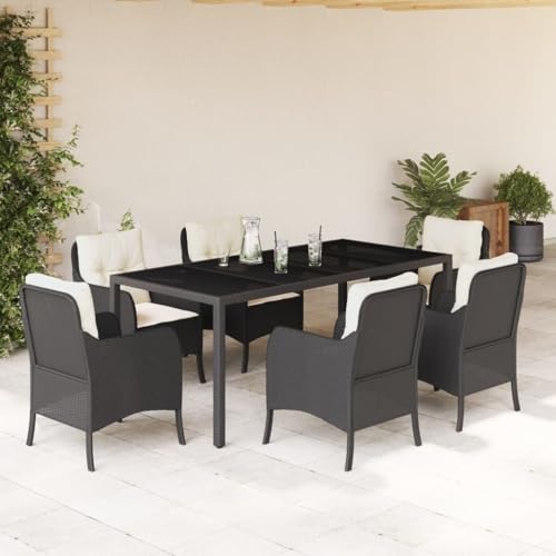 Qnhdfrt Garten Essgruppe Set 6 Stühle mit Kissen PE Rattan Outdoor Möbel Schwarz Tisch 190x90 cm für Terrasse Garten Balkon von Qnhdfrt