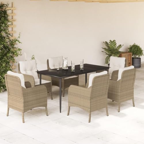 Qnhdfrt Garten Essgruppe Set 6 Stühle mit Kissen PE Rattan Outdoor Möbel für Balkon Terrasse Garten 160 x 80 cm Schwarz Beige von Qnhdfrt
