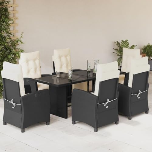 Qnhdfrt Garten Essgruppe Set 6 Stühle mit Kissen PE Rattan Outdoor Tisch 190x80 cm Schwarz Cremeweiß für Garten Terrasse Balkon von Qnhdfrt