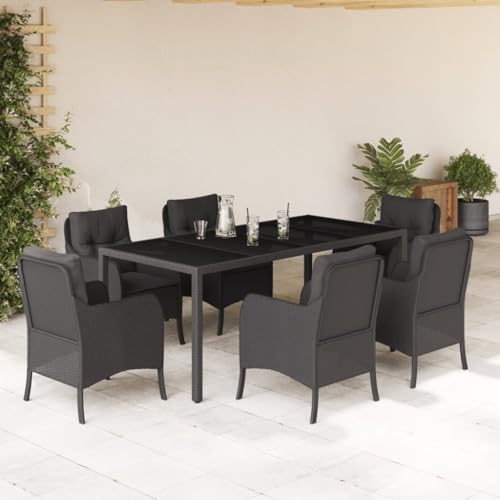 Qnhdfrt Garten Essgruppe Set 6 Stühle mit Kissen PE Rattan Outdoor Tisch 190x90 cm Schwarz für Terrasse Balkon Garten von Qnhdfrt