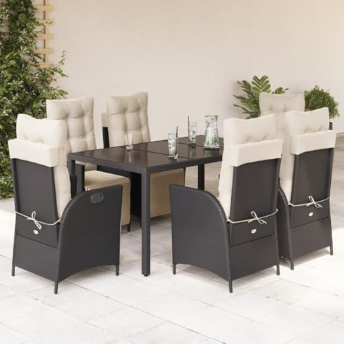 Qnhdfrt Garten Essgruppe Set 6 Stühle mit Kissen PE Rattan Schwarz Tisch 150x90 cm Verstellbare Lounge Sitzgruppe für Terrasse Garten Balkon von Qnhdfrt