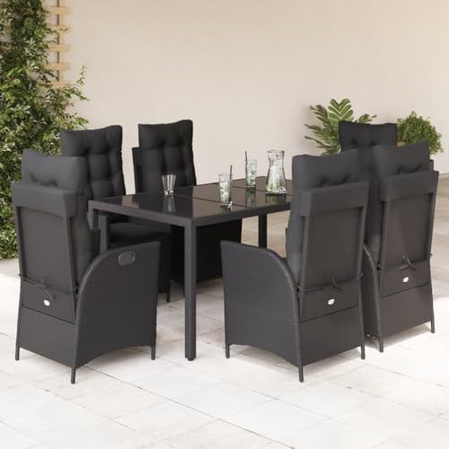 Qnhdfrt Garten Essgruppe Set 6 Stühle mit Kissen PE Rattan Schwarz Tisch 150x90 cm Verstellbare Relaxsessel Outdoor Lounge Möbel für Terrasse Balkon Garten von Qnhdfrt