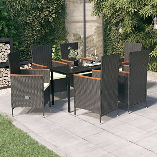 Qnhdfrt Garten Essgruppe Set 6 Stühle mit Kissen Schwarz PE Rattan Outdoor Möbel Akazienholz Tisch 140x70 cm für Terrasse Garten Balkon von Qnhdfrt