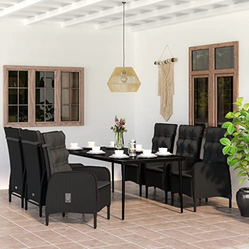 Qnhdfrt Garten Essgruppe Set 6 Stühle mit Kissen Schwarz PE Rattan Pulverbeschichteter Stahl Glas Tisch 140 x 70 cm Robustes Outdoor Möbelset für Terrasse Balkon Garten von Qnhdfrt