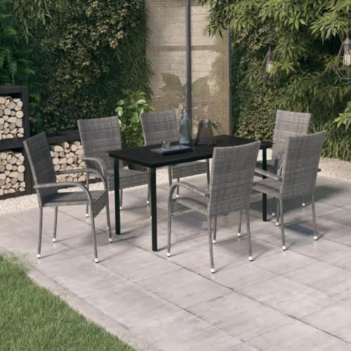 Qnhdfrt Garten Essgruppe Set 6 Stühle mit Tisch Grau Schwarz PE Rattan Pulverbeschichtet Stahl Glas 140 x 70 x 74 cm Robust Langlebig für Terrasse Balkon Garten von Qnhdfrt