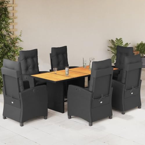 Qnhdfrt Garten Essgruppe Set 6 Stühle mit Tisch aus PE Rattan und Akazienholz Schwarz Verstellbare Relaxsessel für Terrasse Garten und Balkon von Qnhdfrt
