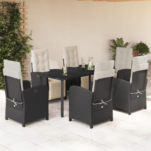 Qnhdfrt Garten Essgruppe Set 6 Stühle und Tisch aus PE Rattan Schwarz mit Cremeweißen Kissen Verstellbare Lounge Möbel für Balkon Terrasse und Garten von Qnhdfrt