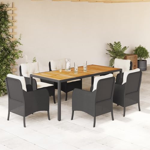 Qnhdfrt Garten Essgruppe Set 6 Stühle und Tisch aus PE Rattan mit Kissen Schwarz Akazienholz Tischplatte Outdoor Möbel für Terrasse Garten und Balkon von Qnhdfrt
