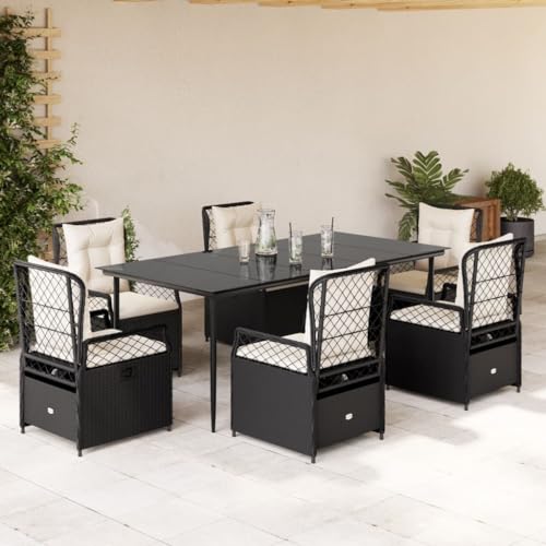 Qnhdfrt Garten Essgruppe Set 6 Stühle und Tisch aus PE Rattan mit Kissen Schwarz Verstellbare Lounge Möbel für Terrasse Balkon und Garten von Qnhdfrt