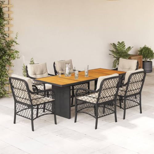 Qnhdfrt Garten Essgruppe Set 7 TLG Schwarz PE Rattan mit Kissen Akazienholz Tisch und Stühle für Terrasse Balkon Garten von Qnhdfrt