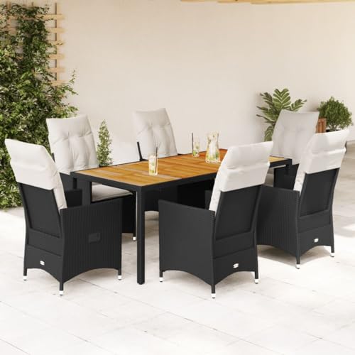 Qnhdfrt Garten Essgruppe Set 7 teilig Schwarz PE Rattan mit Kissen Akazienholz Tisch Verstellbare Relaxsessel für Terrasse Garten Balkon Qnhdfrt Garten Essgruppe Set 7 teilig Schwarz PE Rattan mit Kissen Akazienholz Tisch Verstellbare Relaxsessel für Terrasse Garten Balkon von Qnhdfrt