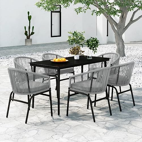 Qnhdfrt Garten Essgruppe Set 7 teilig mit Glas Tisch und 6 Stühlen Grau Schwarz 140 x 70 x 74 cm für Terrasse Balkon Garten Qnhdfrt Garten Essgruppe Set 7 teilig mit Glas Tisch und 6 Stühlen Grau Schwarz 140 x 70 x 74 cm für Terrasse Balkon Garten von Qnhdfrt