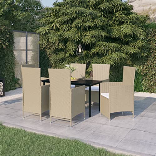 Qnhdfrt Garten Essgruppe Set 7 teilig mit PE Rattan und Glas Tisch Beige Schwarz für Terrasse Balkon Garten von Qnhdfrt