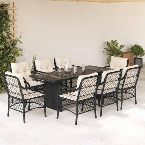 Qnhdfrt Garten Essgruppe Set 8 Stühle PE Rattan Outdoor Möbel Schwarz mit Cremeweißen Kissen Tisch 190x80 cm für Terrasse Garten Balkon von Qnhdfrt