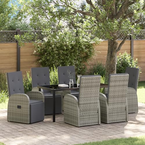 Qnhdfrt Garten Essgruppe Set Grau mit 6 Verstellbaren Liegestühlen und Rechteckigem Tisch aus PE Rattan – Outdoor Möbel für Garten und Terrasse Robust und Langlebig mit Kissen von Qnhdfrt