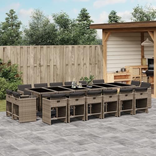 Qnhdfrt Garten Essgruppe Set mit 1 Tisch und 16 Stühlen Grau PE Rattan Klappbare Stühle und Polsterkissen für Terrasse Garten und Balkon von Qnhdfrt