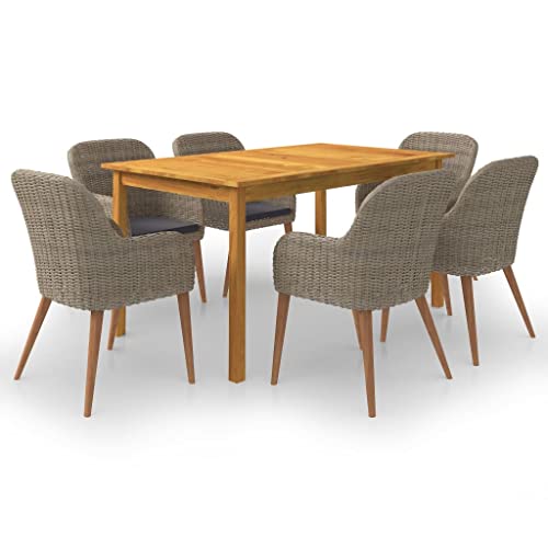 Qnhdfrt Garten Essgruppe aus Massivholz Akazie mit 6 Stühlen PE Rattan Outdoor Sitzgruppe 150 x 90 cm Braun Grau für Terrasse Garten Balkon von Qnhdfrt