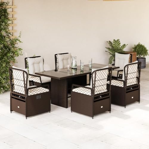 Qnhdfrt Garten Essgruppe mit 6 Stühlen PE Rattan Set 190 x 80 cm Braun Outdoor Tischgruppe mit Kissen und Glasplatte für Garten Terrasse Balkon von Qnhdfrt