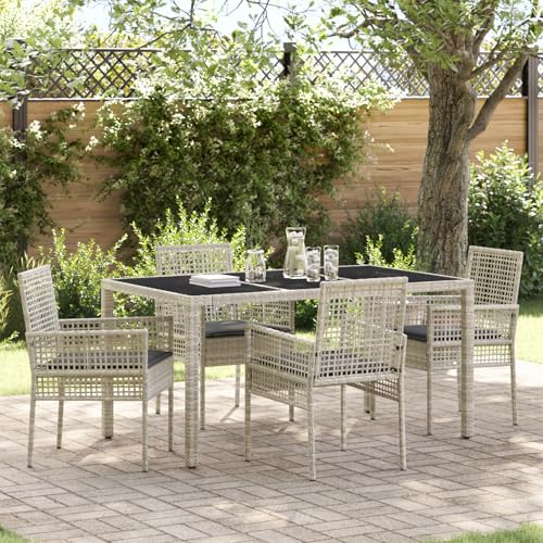 Qnhdfrt Garten-Essgruppe mit Kissen Hellgrau Poly Rattan, Moderner Gartentisch 150x90 cm für Balkon Terrasse Garten, 4-Sitzer Outdoor Esstisch mit Einscheibensicherheitsglas, Wetterfeste Möbel von Qnhdfrt
