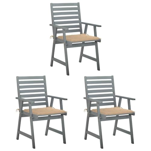 Qnhdfrt Garten Essstühle mit Kissen 3er Set Massivholz Akazie Grau Outdoor für Terrasse Balkon Camping – Modernes Design Robust Langlebig von Qnhdfrt