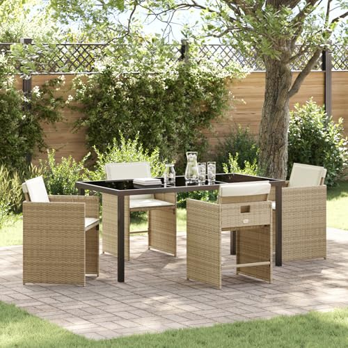 Qnhdfrt Garten Esstisch Set mit Kissen 5-teilig Beiges Poly Rattan Outdoor Essgruppe Rechteckig für Terrasse Garten Balkon Modernes Design Robust von Qnhdfrt