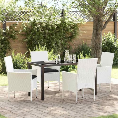 Qnhdfrt Garten Esszimmer Set 4 Personen Weiß Poly Rattan Outdoor Möbel Set mit Kissen Rechteckiger Tisch Stühle für Balkon Terrasse Garten von Qnhdfrt