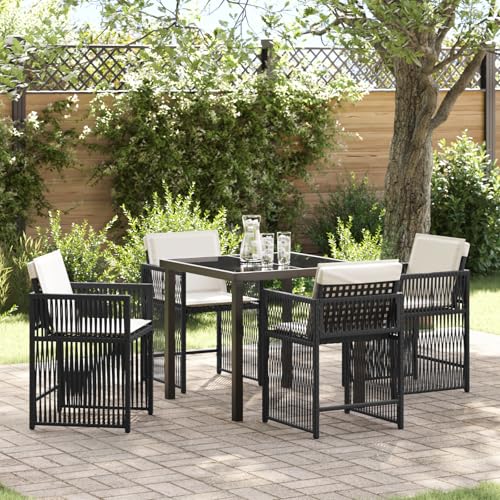 Qnhdfrt Garten Esszimmer Set 5-teilig Schwarz mit Kissen aus Synthetischem Poly Rattan Klappbare Rückenlehne Pulverbeschichteter Stahlrahmen für Terrasse Balkon Garten von Qnhdfrt