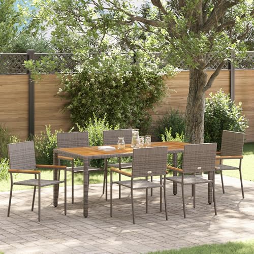 Qnhdfrt Garten Esszimmer Set 7-teilig Grau Rechteckig Poly Rattan mit Akazienholz Tisch und 6 Polsterstühlen für Balkon Terrasse Garten Outdoor Möbel Modernes Design von Qnhdfrt