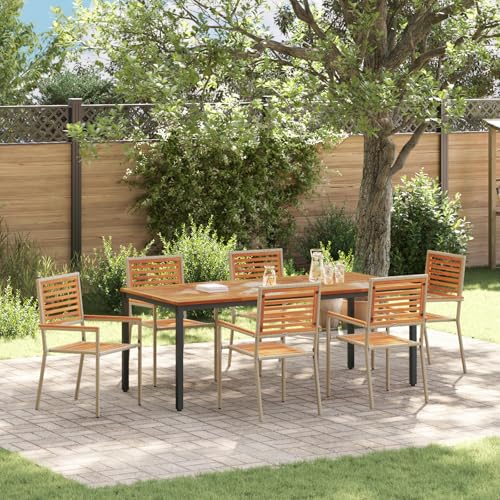Qnhdfrt Garten Esszimmer Set Outdoor Beige Poly Rattan und Akazie Holz Rechteckig für 6 Personen mit 4 stapelbaren Stühlen Modernes Design Robust und Langlebig für Garten Balkon von Qnhdfrt