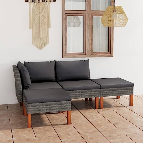 Qnhdfrt Garten Lounge Set 4 teilig Grau mit Kissen aus PE Rattan Eukalyptusholz und Stahlrahmen für Terrasse Balkon Garten von Qnhdfrt