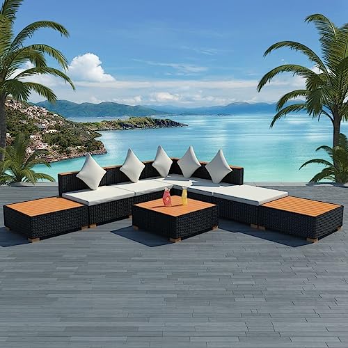 Qnhdfrt Garten Lounge Set 8 teilig aus PE Rattan Schwarz Braun mit Cremeweißen Kissen WPC Tischplatte und Pulverbeschichtetem Stahlrahmen für Terrasse Balkon und Garten von Qnhdfrt