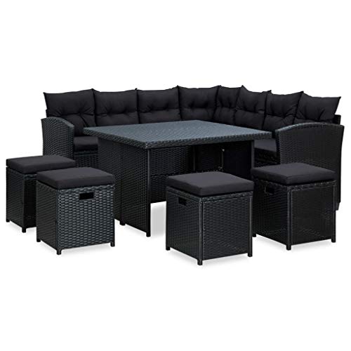 Qnhdfrt Garten Lounge Set Schwarz 6 TLG Poly Rattan Möbelset mit Auflagen Ecksofa Hocker und Tisch für Terrasse Balkon Garten von Qnhdfrt