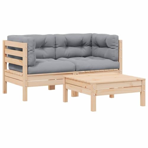 Qnhdfrt Garten Lounge Set aus massivem Kiefernholz mit grauen Kissen, Outdoor Sofa für Balkon und Terrasse, platzsparendes 3-TLG. Set für gemütliche Sitzecken von Qnhdfrt