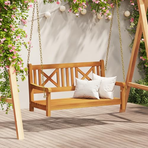 Qnhdfrt Garten Schwingbank aus Massivem Akazienholz Outdoor Sitzbank für 3 Personen Braun mit Kreuzrückenlehne 110x56x58 cm für Garten Terrasse Balkon von Qnhdfrt