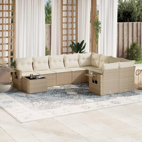 Qnhdfrt Garten Sofa Garnitur 10 teilig Beige PE Rattan Lounge Set mit Kissen und Tisch für Terrasse Garten Balkon von Qnhdfrt