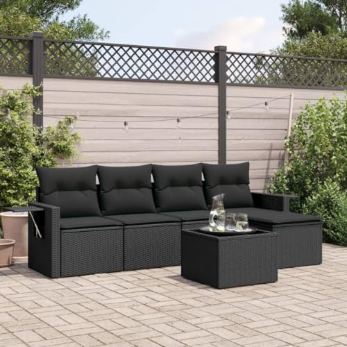 Qnhdfrt Garten Sofa Garnitur 6 teilig Schwarz PE Rattan mit Glas Tisch und Kissen für Terrasse Garten und Balkon von Qnhdfrt