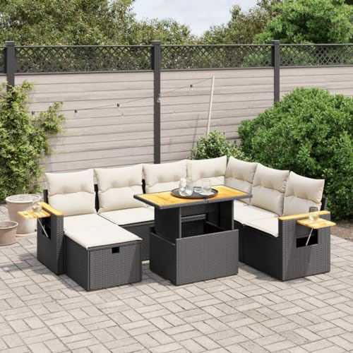 Qnhdfrt Garten Sofa Garnitur 8 TLG Schwarz PE Rattan mit Kissen Höhenverstellbarer Tisch und Klapptische für Terrasse Garten Balkon von Qnhdfrt